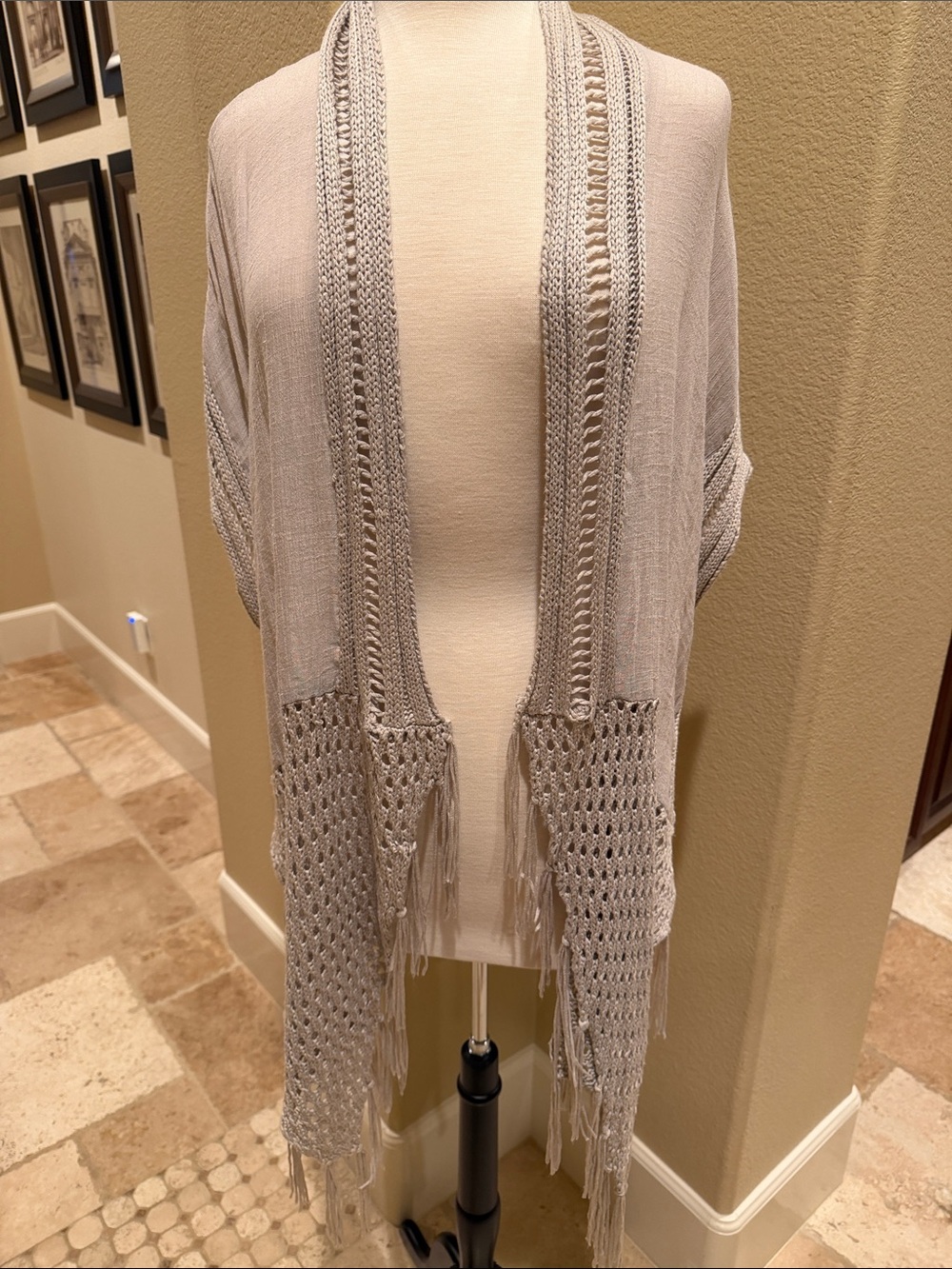 Cotton Light Gray Open Knit Fringe Cardigan Kimono Boho M/L